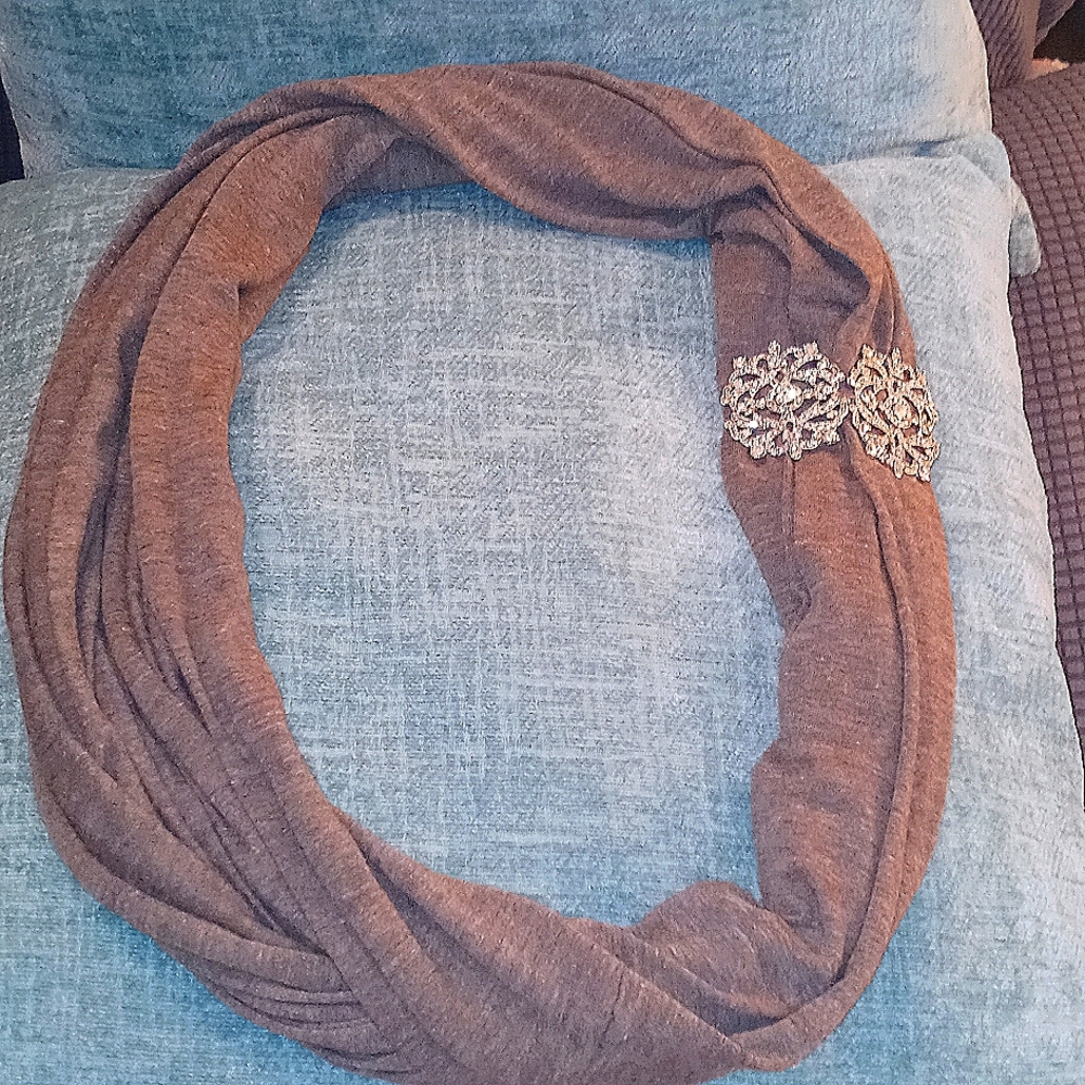 Heather brown Infinity Scarf with crystal brooches